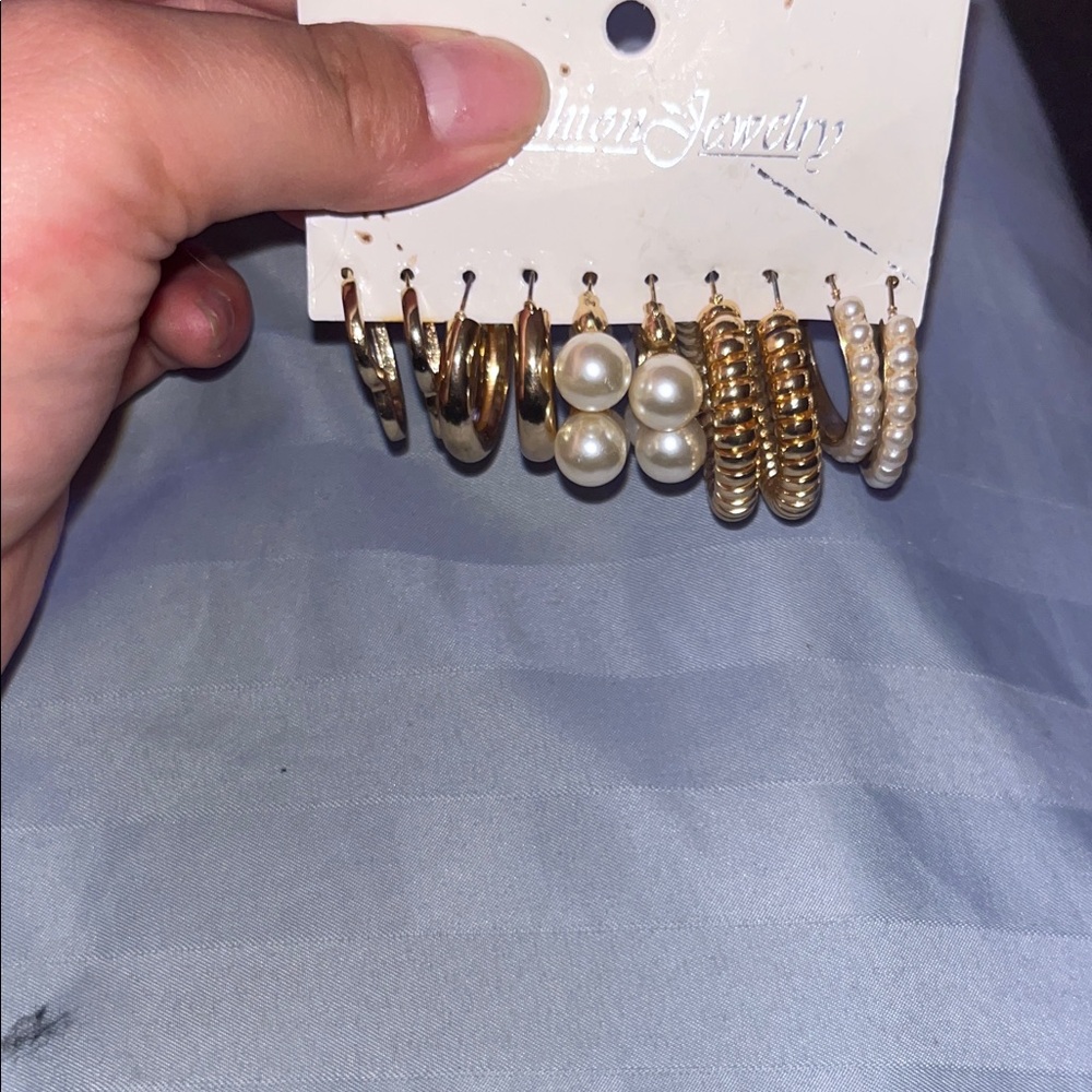 Gold and Pearl Hoop Earring Set